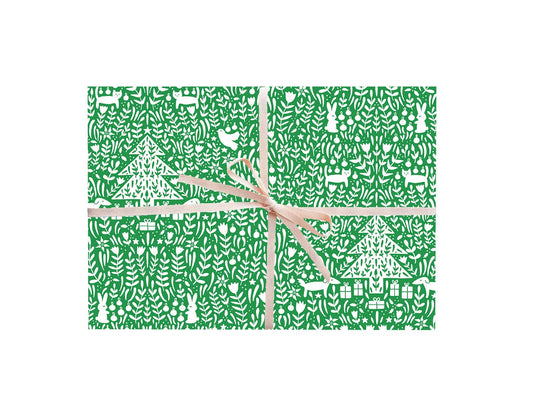 Green Christmas Scene Gift Wrap - Rolls and Sheets