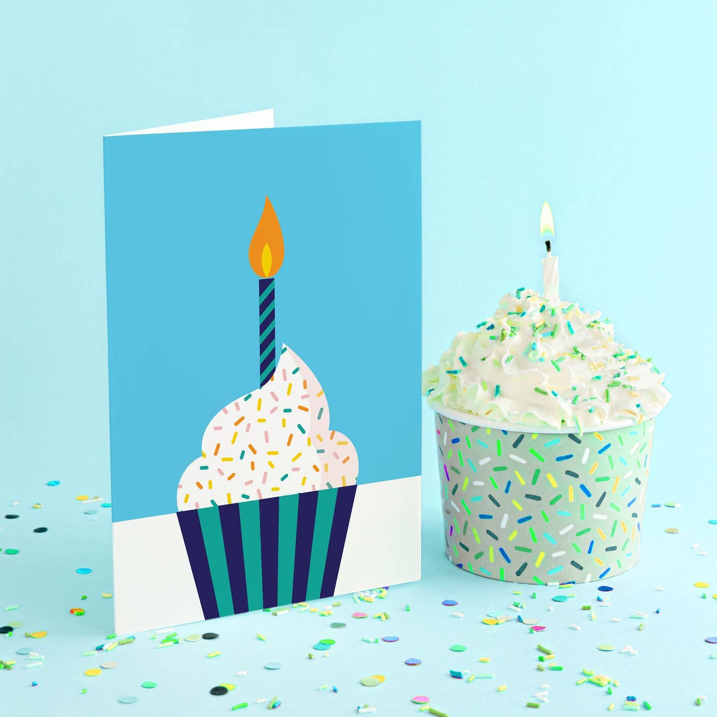 Blue Cupcake Birthday Card 5x7 Inches Blank Inside